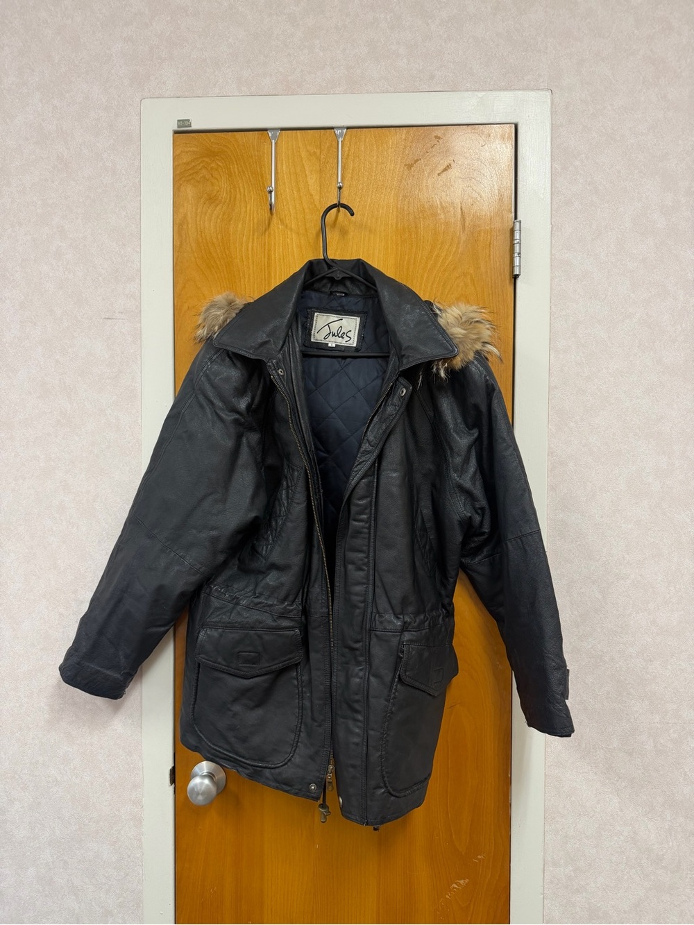 Joules Black Leather Parka with Faux Fur Trim